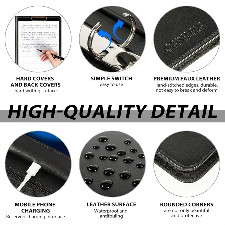 Portafoglio Padfolio in pelle con cerniera portaoggetti per appunti Organizzatore di documenti con raccoglitore a 3 anelli da 1 pollice con blocco note 5 divisori con 1