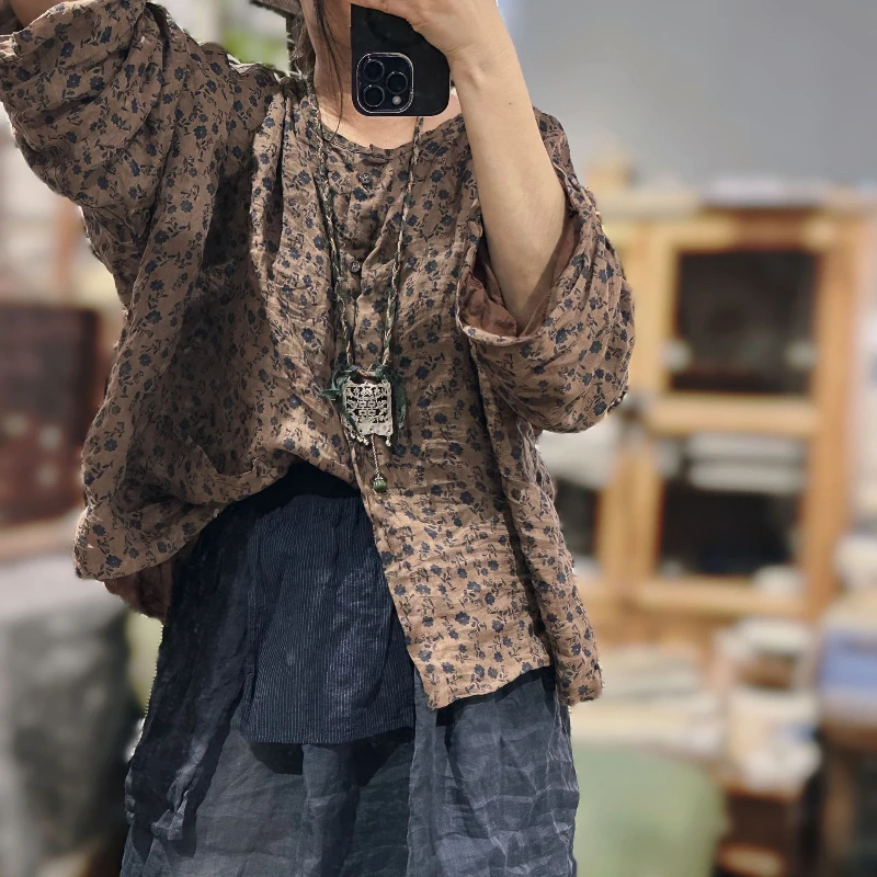 Autumn New Double Layer Cotton Linen Vintage New Handmade Single- Button Cardigan Women's Top Loose Fit Batwing Sleeve Jacket