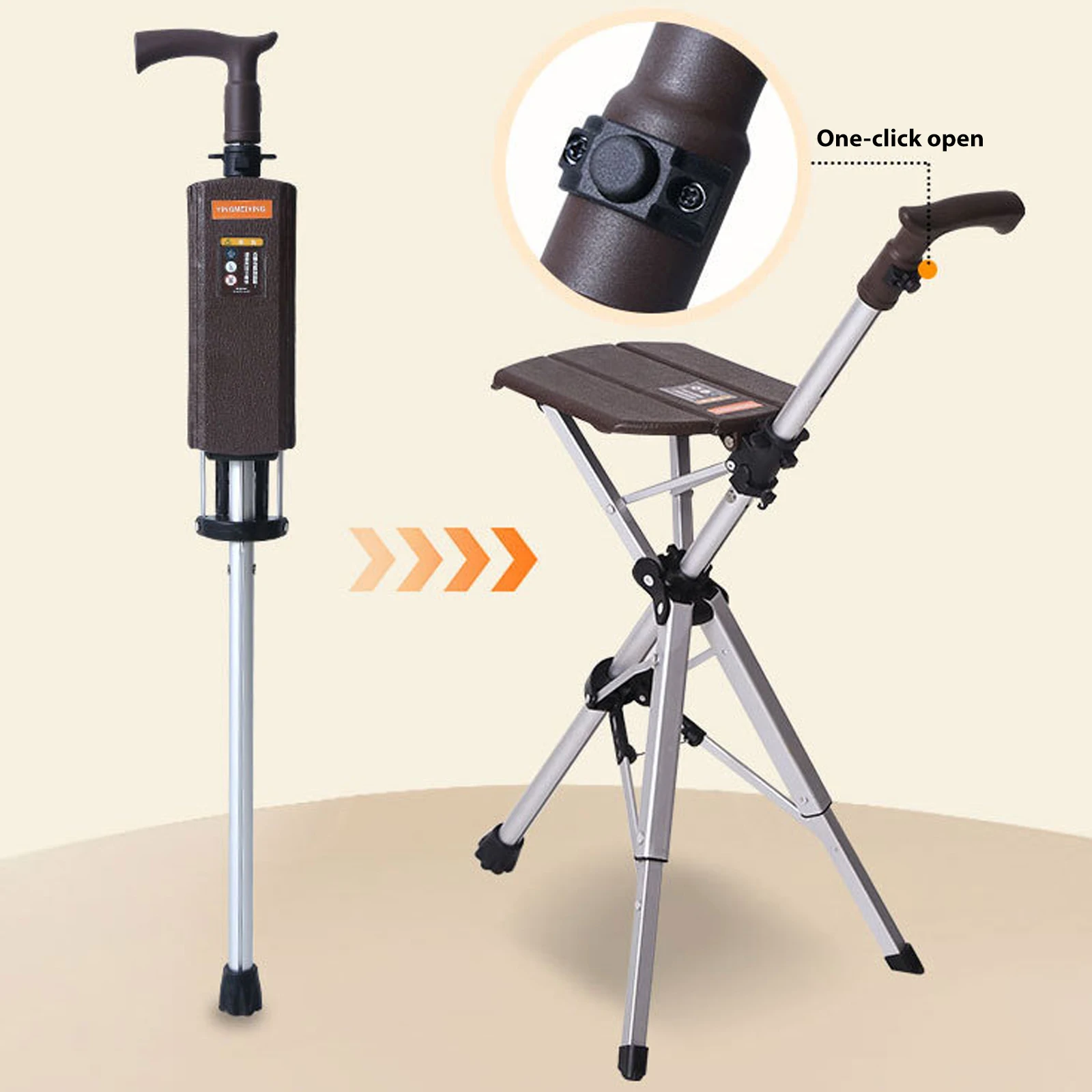 2-in-1 Walking Stick with Seat Folding Cane Stool for Elderly, Portable Mobility Aid with One-Button Open/Close