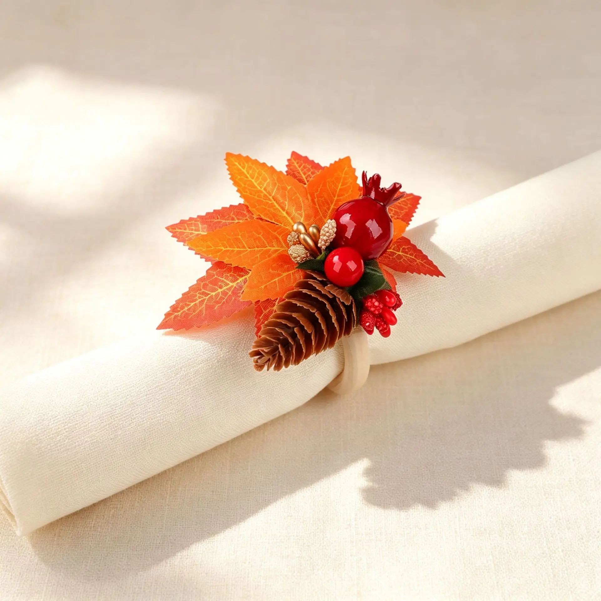 1Pc Vintage Autumn Harvest Napkin Ring, Artificial Maple Leaf Berry Pinecone Pomegranate, Halloween Thanksgiving Table Decor