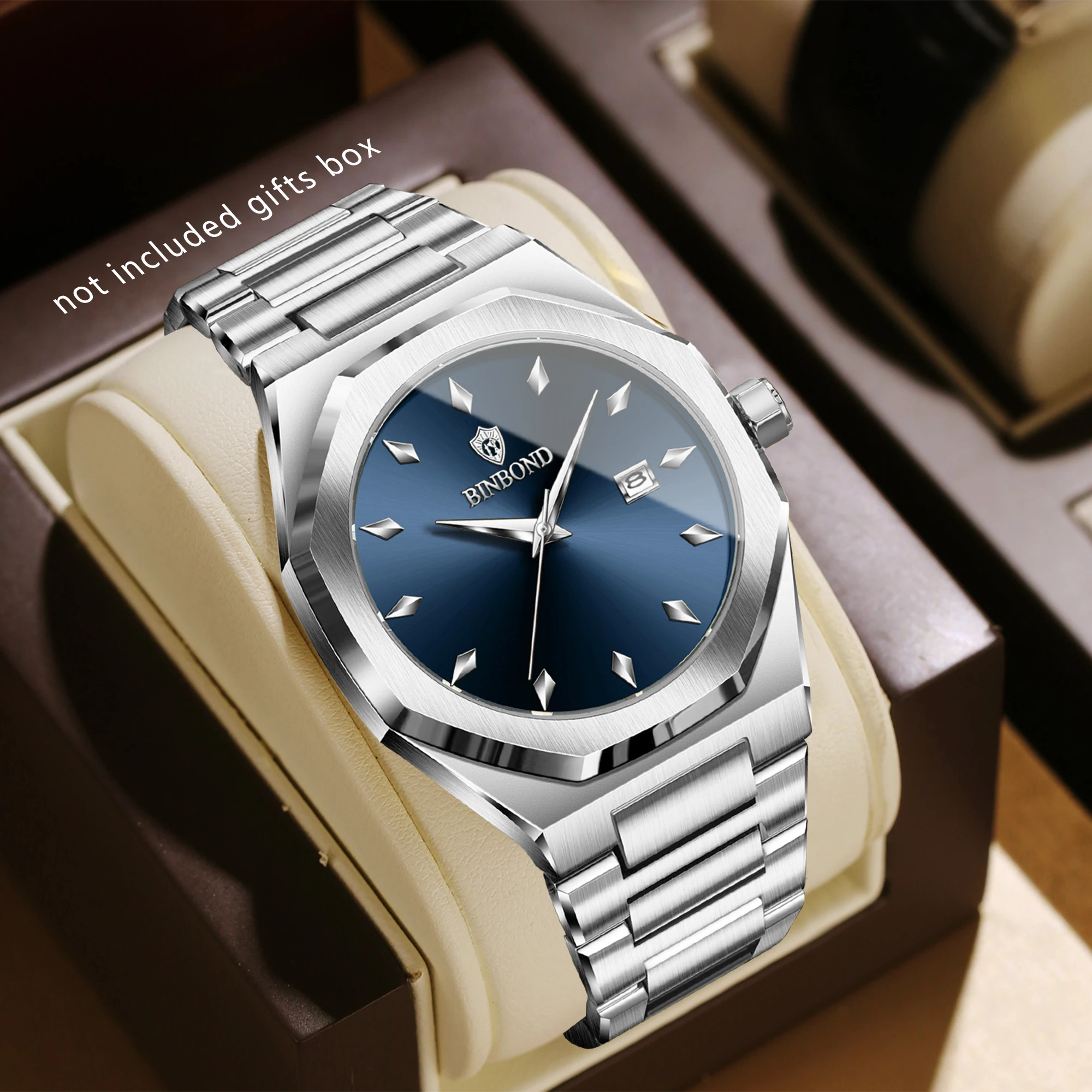 

Минималистичные кварцевые часы BINBOND с ромбовидными индексами и функцией календаря, специально разработанными для мужчин.