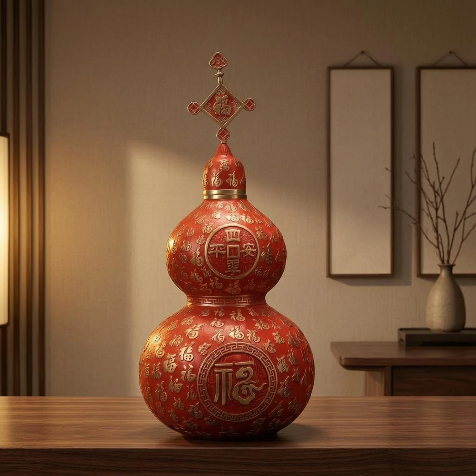 Hollow Carved Gourd Ornament Red Brass Gourd Ornament Home Decoration Hanging Finial Traditional Style for Indoor Setting