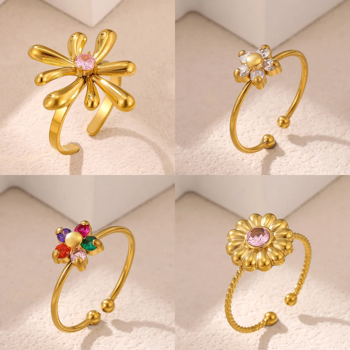 Romantische Zirkonia Damenringe Edelstahl Goldfarben Kleines Blumendesign Exquisiter Schmuck Partygeschenk Kostenloser Versand