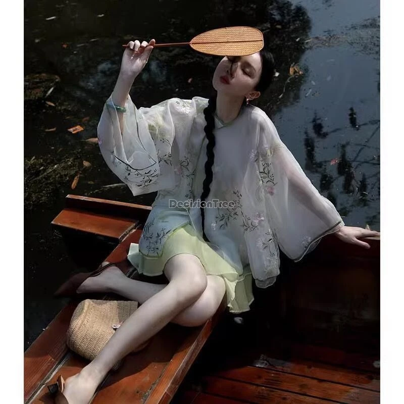 

2025 new spring summer traditional chinese zen style retro embroidery loose long sleeve top and short skirt daily tang suit set