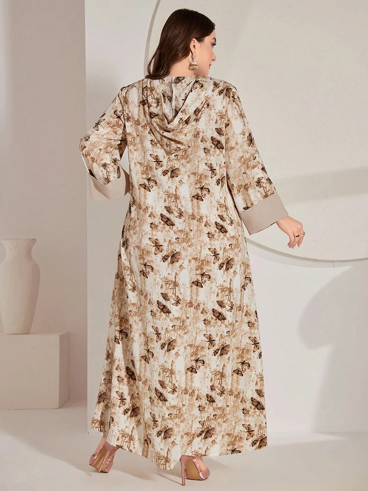 TOLEEN-Long Sleeve Maxi Dress for Women, Plus Size, Butterfly Print, Arabic Style, Luxury, Elegant, Formal Party, Evening, 2024