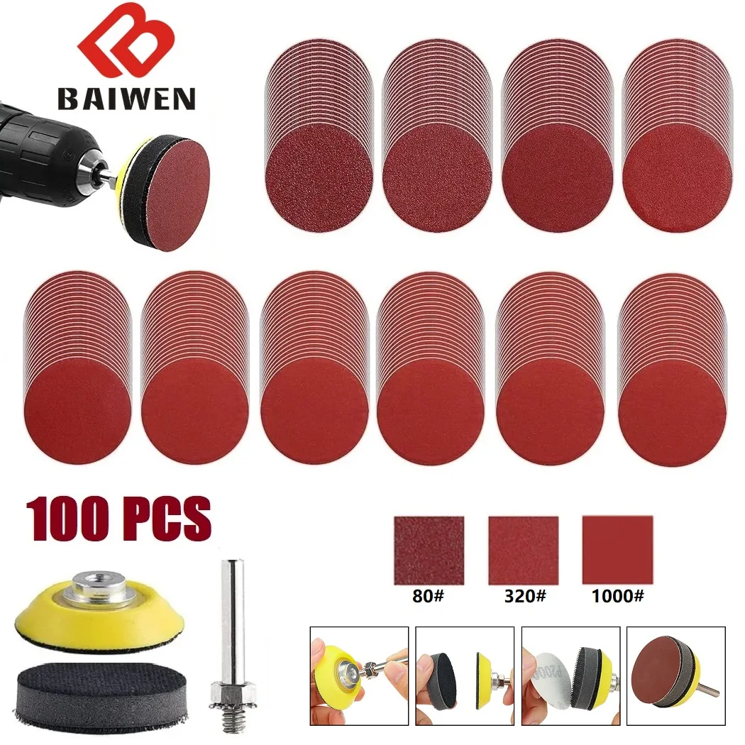 100Pcs 50mm 2 inch Sanding Disc Aluminium Oxide Sandpaper Discs Sand Sheets 80-1000 Grit Hook And Loop Polishing Pads For Wood