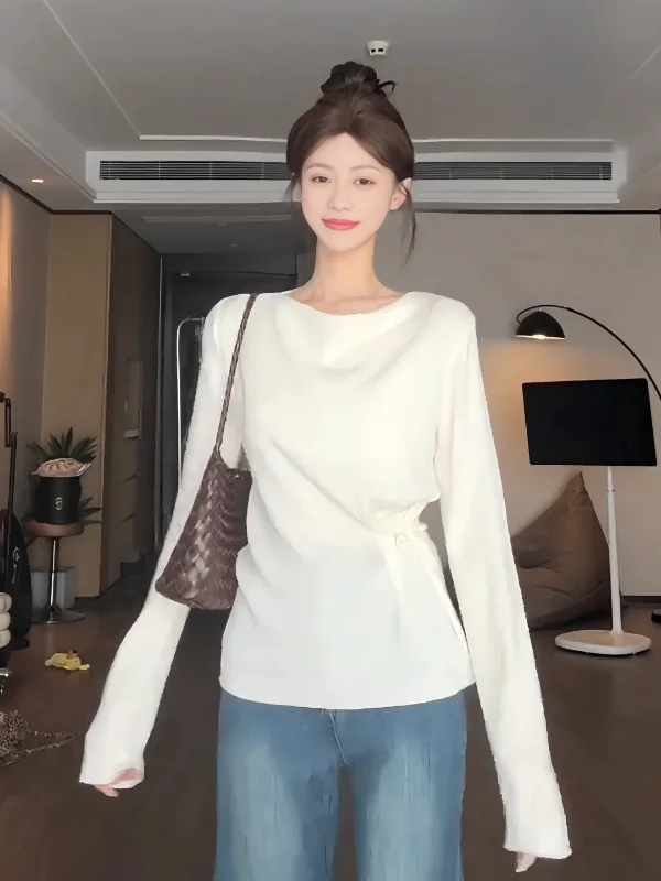 

Вязаный свитер с длинными рукавами для женщин, осенний модный топ с боковыми пуговицами, большие размеры, удобный крой