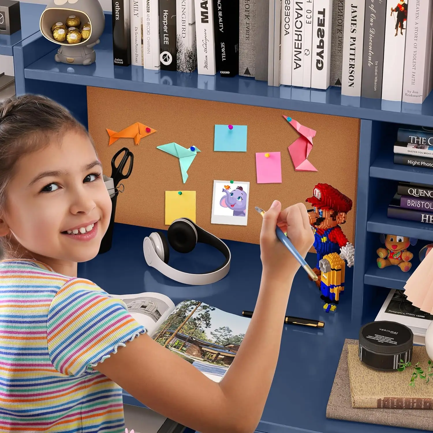 Table with Storage ShelfF,Childrens Computer Desk with 4 Drawers,Blue Kids Desk and Chair Set for