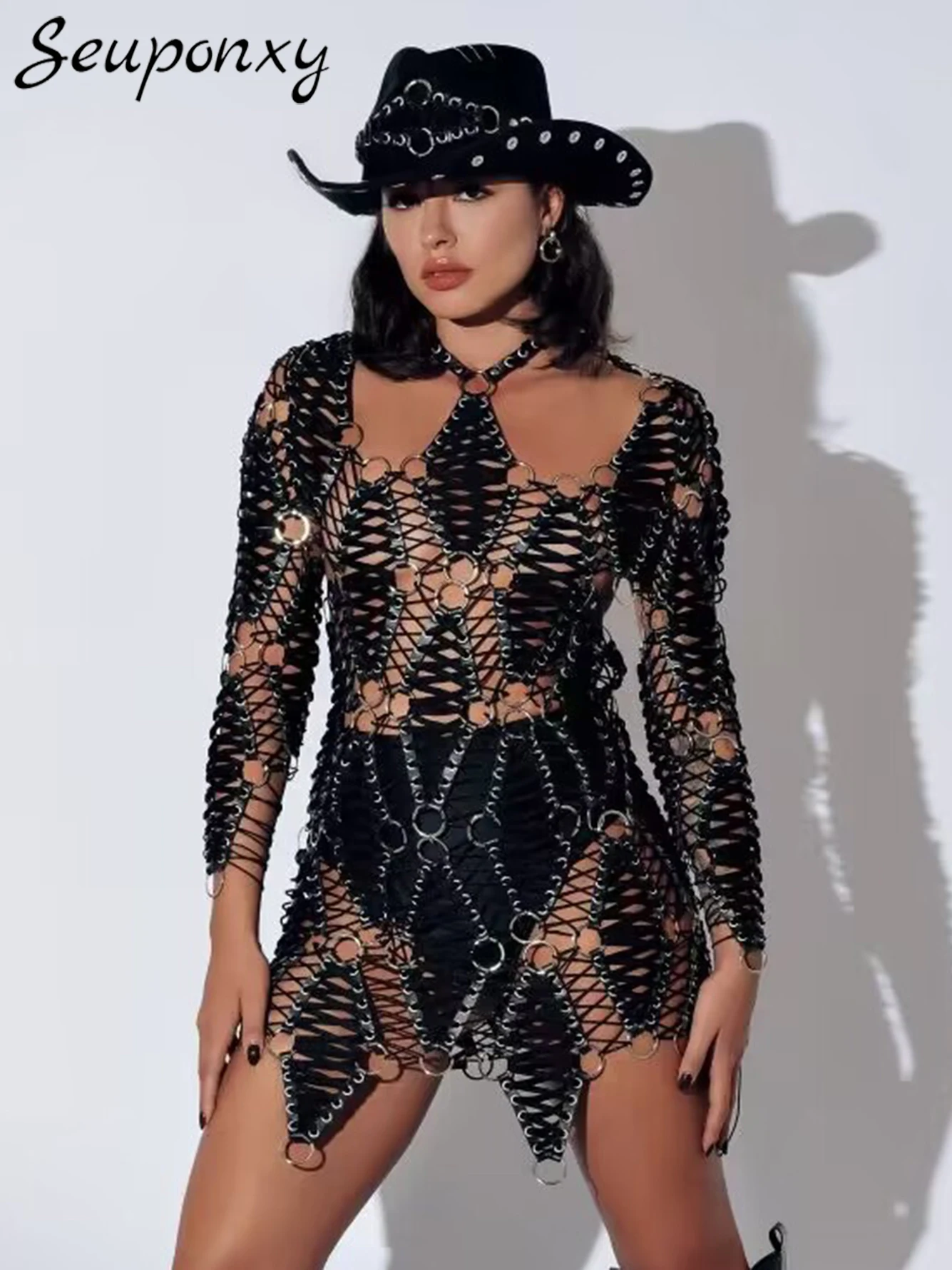 

High Quality Women'S Sexy V-Neck Long Sleeved Backless Lace Up Hollow Out Pure Handmade Woven Mini Dress Elegant Party Dress