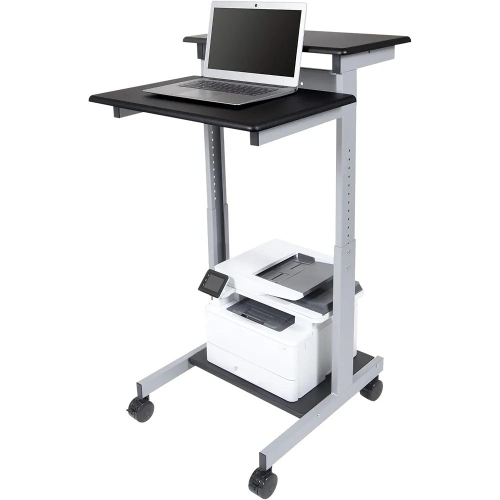 

Stand Up Desk Store Rolling Adjustable Height Two Tier Standing Desk Computer Workstation (Silver Frame/Black Top, 24" Wide)