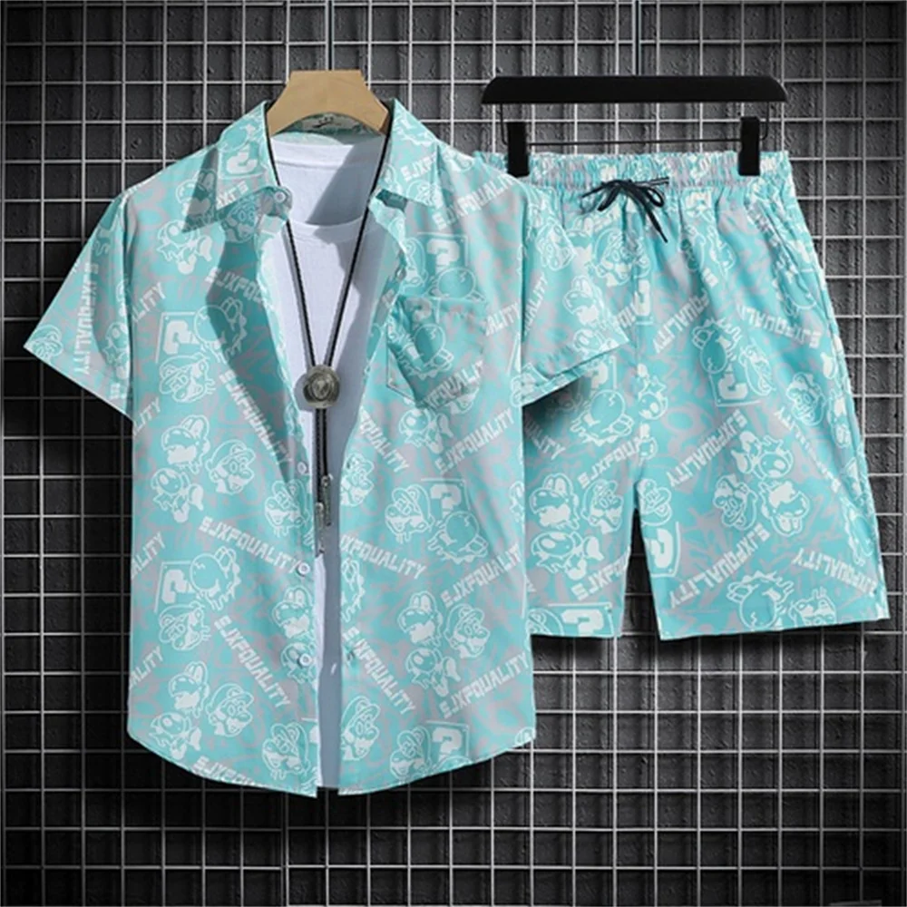 

Mens Fashion New Style Print Sets Lapel Button Short Sleeve Casual Shirt Beach Shorts Set Summer Vacation Hawaiian Clothing Sets