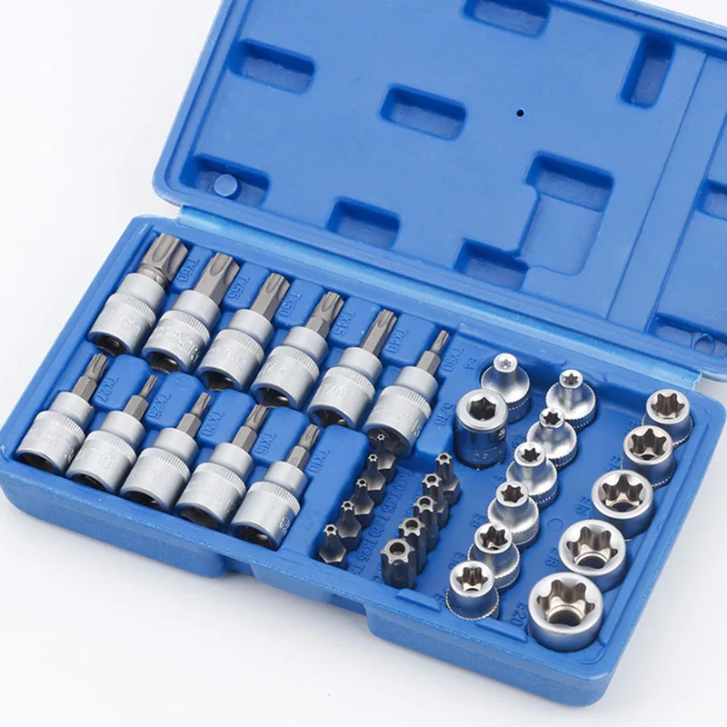 0728 0981 34Pcs Torx Star Sockets & Bit Set Male / Female E-Security Bits Drive Handheld Tool Torque Star Socket