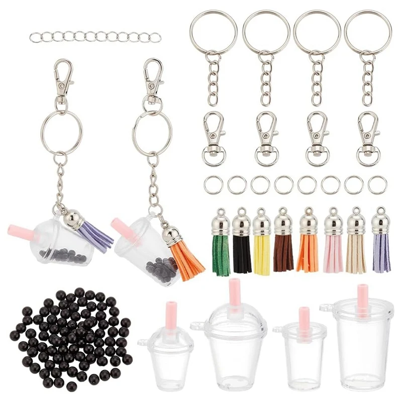 176 Pcs Mini Cup Keychain Making Kit, Including Blank Mini Cup Charms Bubble Tea Pendants Black Bubble Tassel Pendant