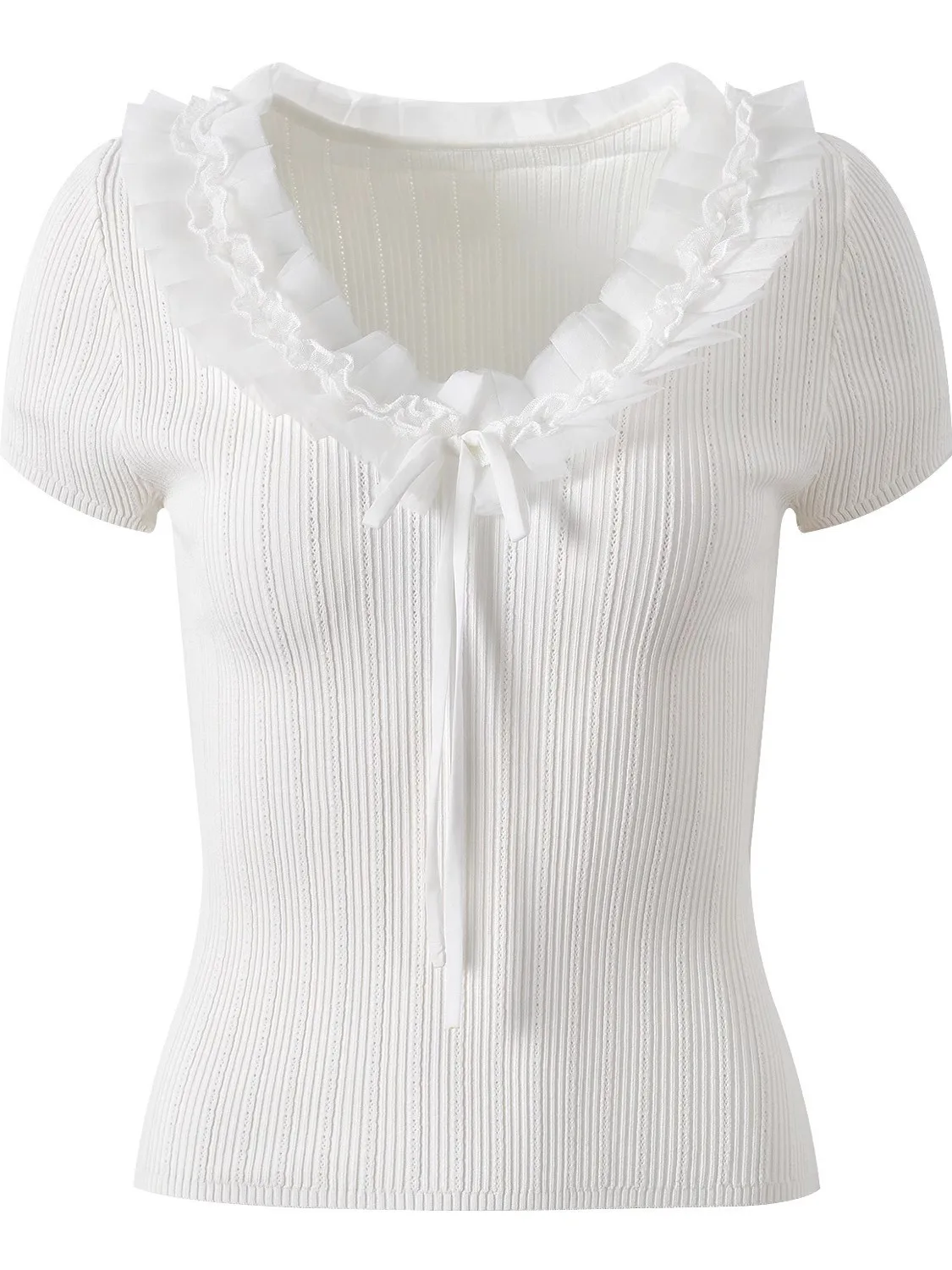 

Spring Summer 2025 New Gentle Knot V-ne White Lace Collar ort Sve Versatile Base Knitted irt Top