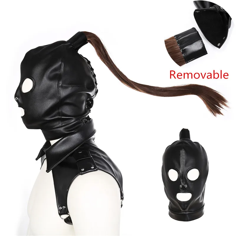 BDSM Bondage Sissy Crossdress Leather Mask Hood Adult Men\'s Accessories Erotic Slave Hood with Hair Fetish Sex Toys for Men Gay