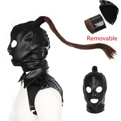 BDSM Bondage Sissy Crossdress Leather Mask Hood Adult Men's Accessories Erotic Slave Hood with Hair Fetish Sex Toys for Men Gay