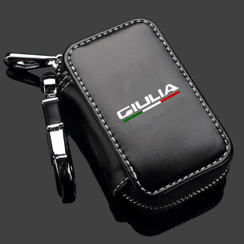 

Genuine Leather Car Key Fob Case Cover Keychain Zipper Bag Protection Shell For Alfa Romeo Giulia Car Accessories