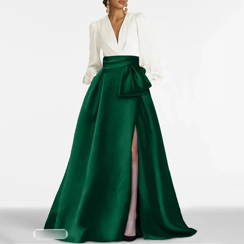 Elegant A-Line Formal Evening Gown Long Sleeve V Neck Satin Floor-Length with Pleats Slit 2024 Wedding Party Prom Gowns