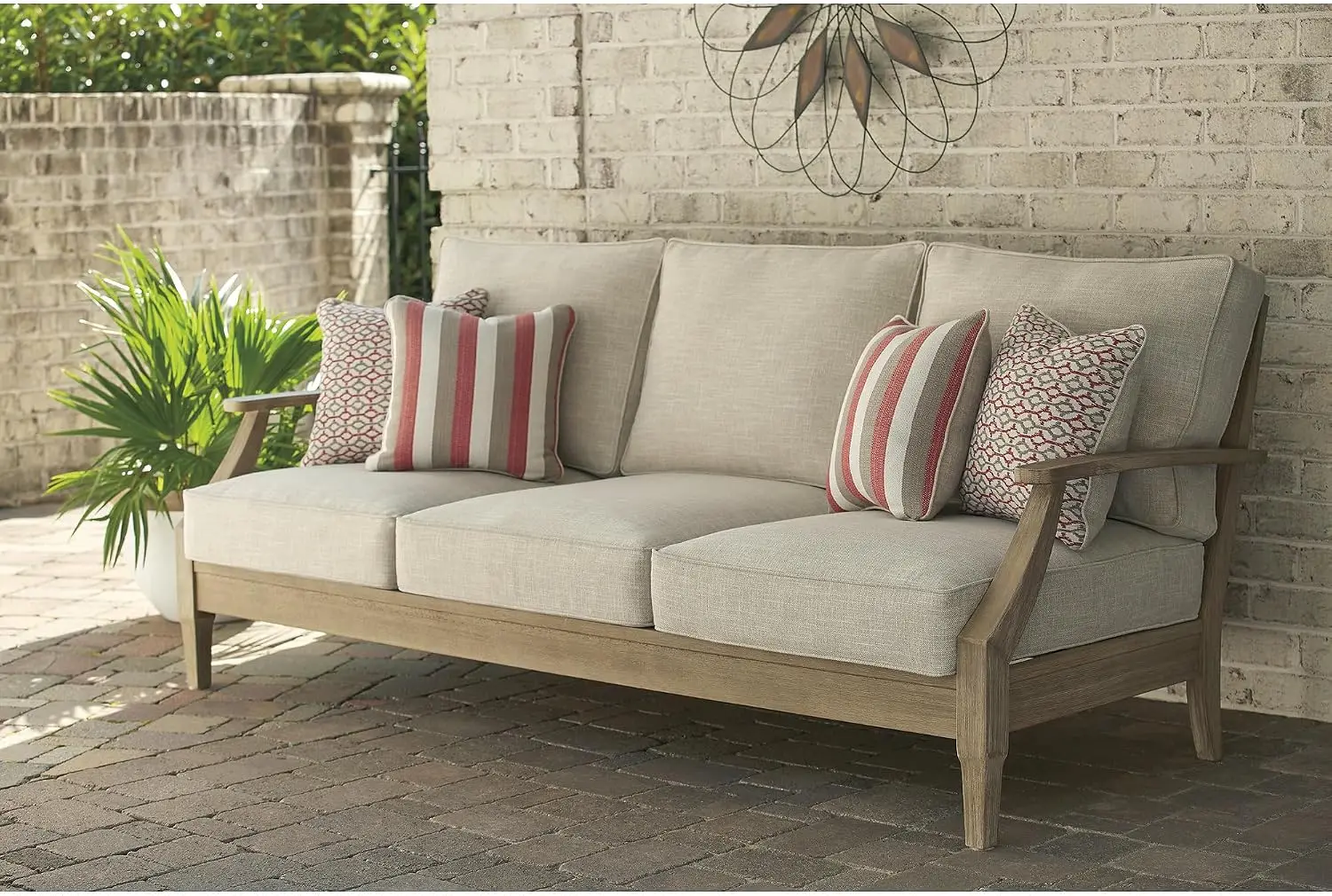 Clare View 1-Piece Eucalyptus Outdoor Sofa | Weather-shielded 5-step eucalyptus finish, Stain-resistant Nuvella fabric, Deep-sea