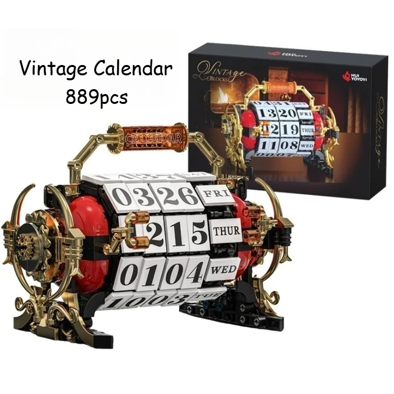 

889pcs Punk Retro Mechanical Desktop Calendar,Vintage Design Desk Decor Digital DIY Creative Building Blocks Toys Gifts