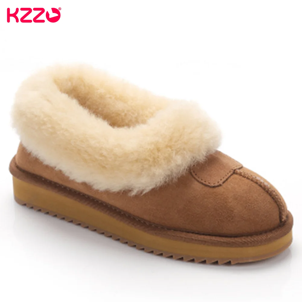KZZO Women Boots Genuine Leather Fashion Natural Wool Fur Lined Flat Winter Ankle Warm Shoes 2023 Australia Big Size 34-44