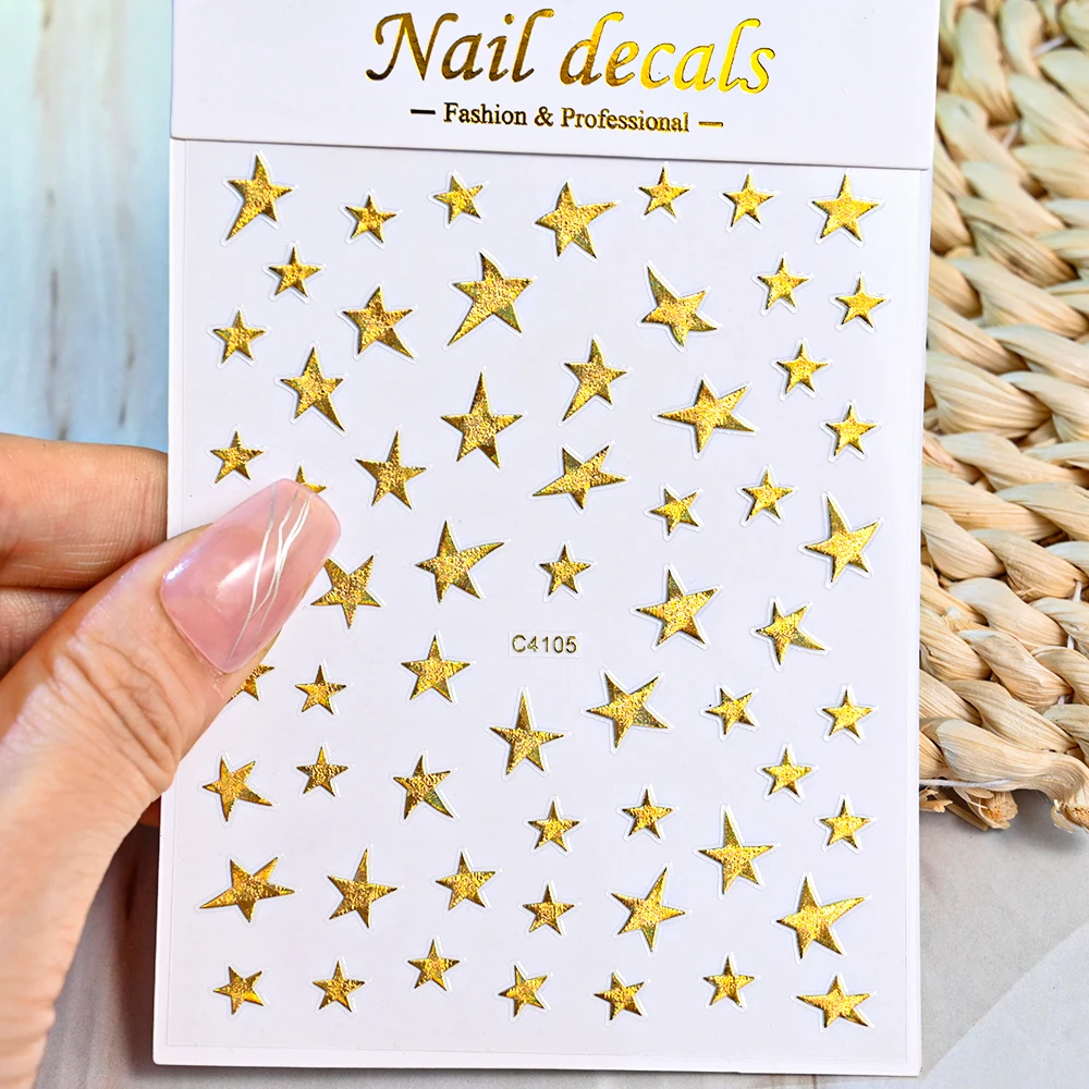 Decalcomanie per unghie con stella irregolare argento laser abbronzante 3D Effetto metallico Decalcomanie per unghie con pentagramma argento Adesivi adesivi per stelle per nail art