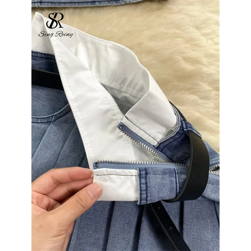 SINGREINY Mode Amerikanischen Retro Y2K Sexy Denim Anzüge Frauen Liebsten Mini Top + Plissee Mini Rock Vintage Strand Zwei Stücke set