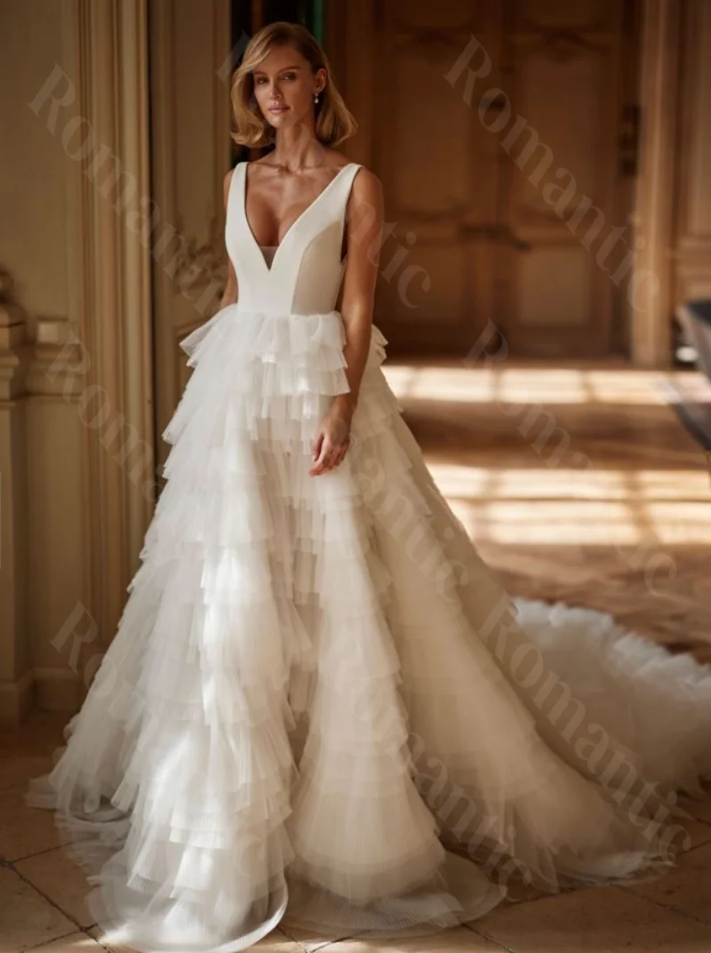 

Romantic A-Line Customized V-Neck 2026 Tulle Wedding Dress Sexy Backless Court Train Bride Dress For Women Vestido De Noiva