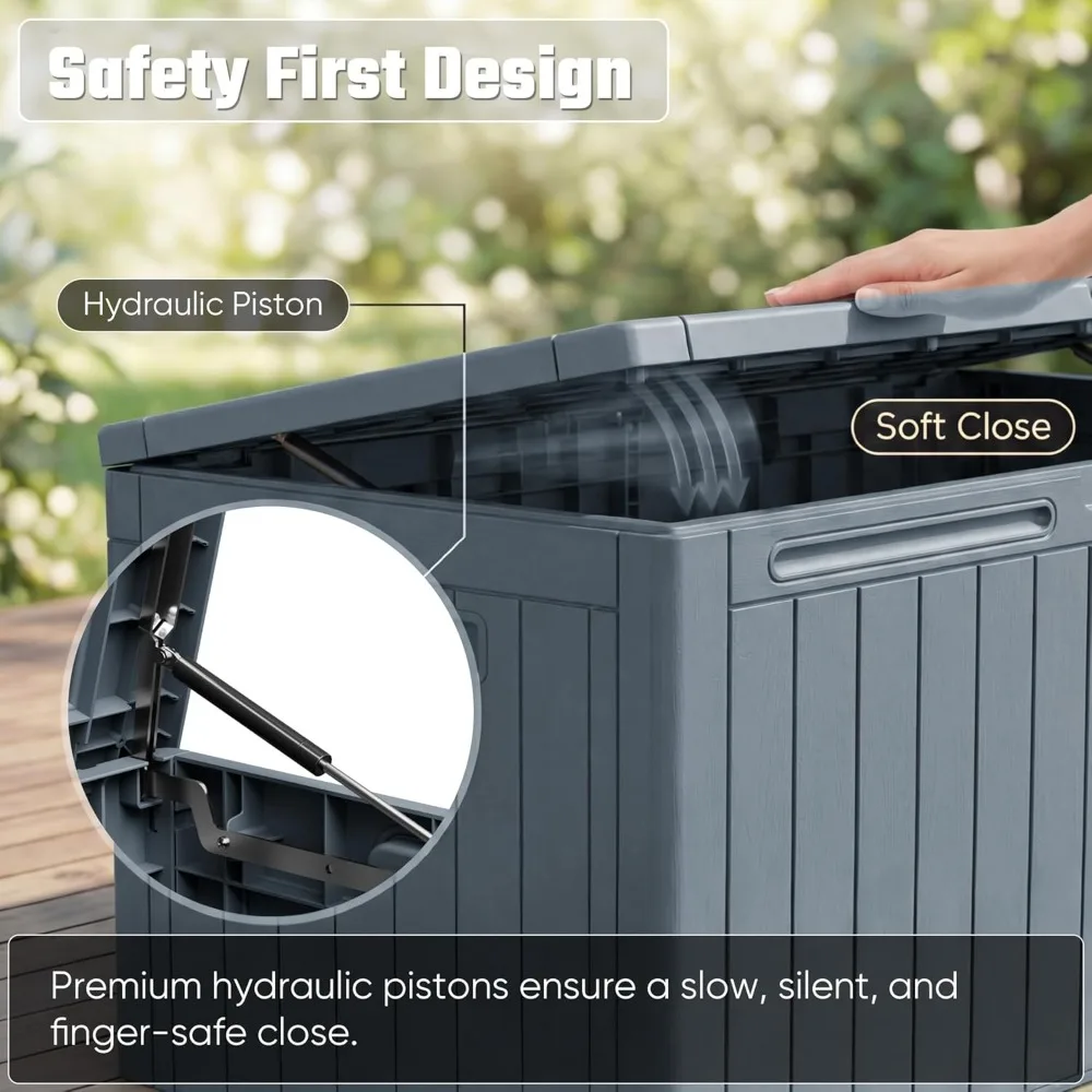 110 Gallon Outdoor Storage Box with Lockable Lid, All-Weather Waterproof Deck Box for Patio Furniture, Pool Supplies & Garden Tools, UV-Resistant, Gray view 4