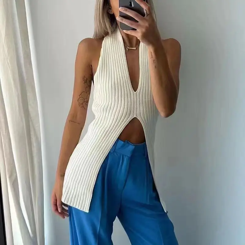 Plunge Slit Front Tank Top Women Sleeveless Rib-knit Camis and Tanks Top Summer Ladies Korean Fashion Chic Vacation Beach Outfit