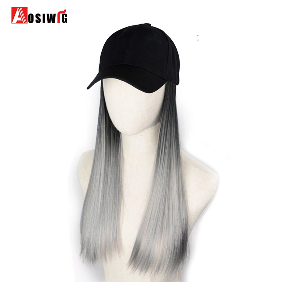 Synthetic18inch Black Baseball Hat  Long Straight Black Gradient White Tea Gray Fashion Hair Wig Heat Resistant Natural For Dail