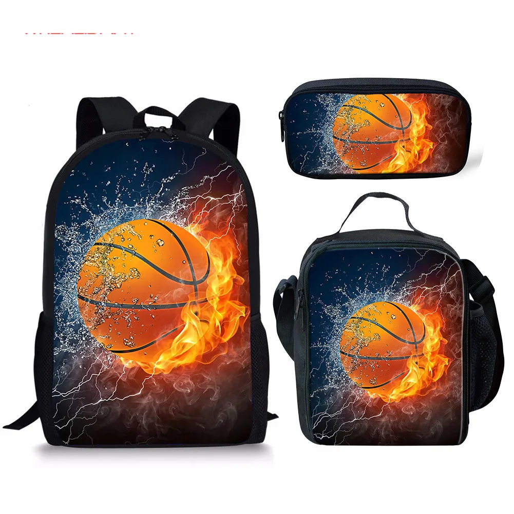 Cartoon Ice fire Basketball ball 3pcs/Set Backpack 3D Print School Student Bookbag Anime Laptop Daypack Lunch Bag Pencil Case