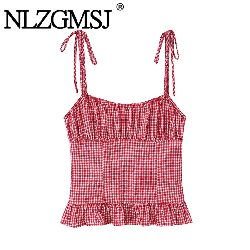 NLZGMSJ 2026 Summer Elegant Checkered Chic Women Bow Camisole Top Sleeveless Backless Short Top Fashion Beach Top