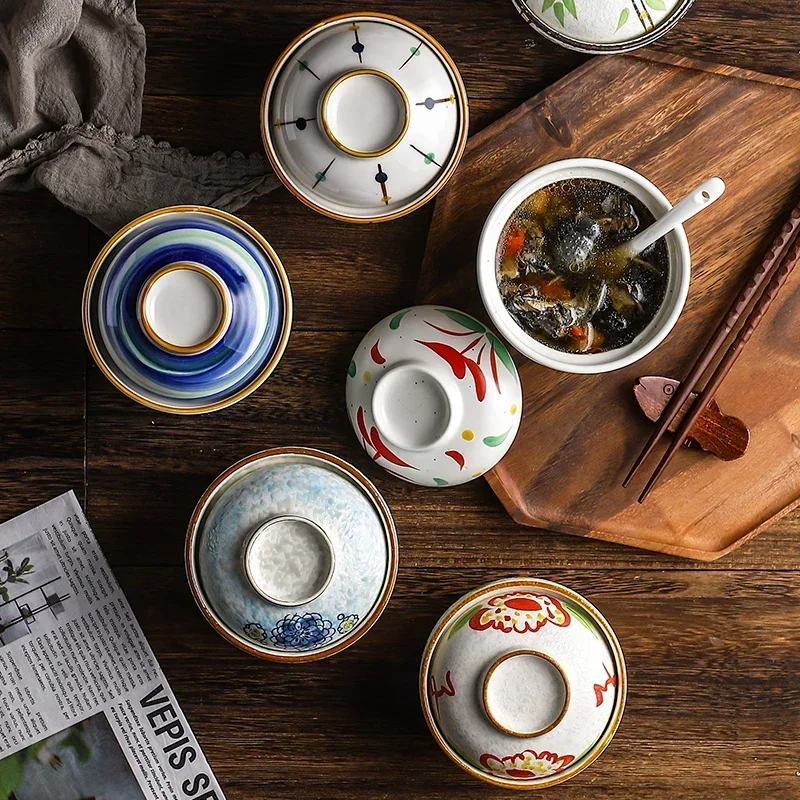 

Japanese Ceramic Bowl with Lid Creative Kitchen Tableware Hand-painted Blue-and-White Porcelain Soup Bowl Steamed Egg Dish