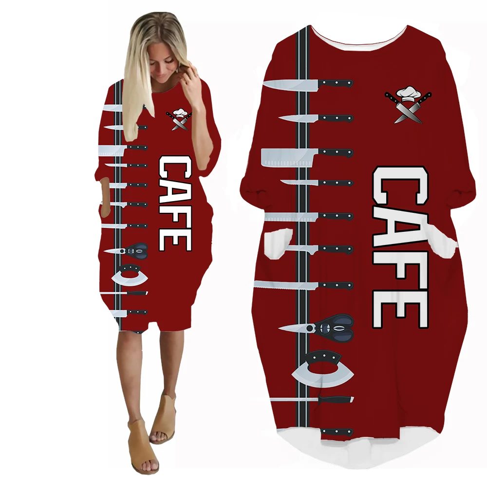 SONSPEE 3D Printing Hip Hop Women's Dress Chef Kitchen Cutlery Tableware Pattern Skirt New Fashion Personality Long Sleeve Gown