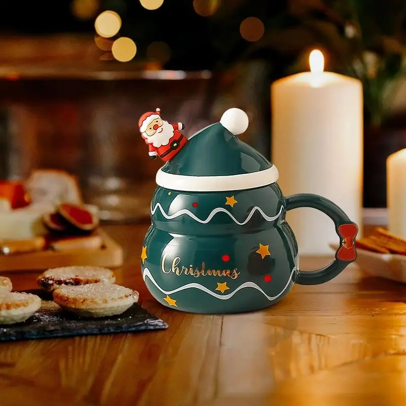 Christmas Coffee Mug 500ml Ceramic Espresso Cup With Christmas Hat Lid And Santa Spoon Juice Cup With Handle For Women Girls