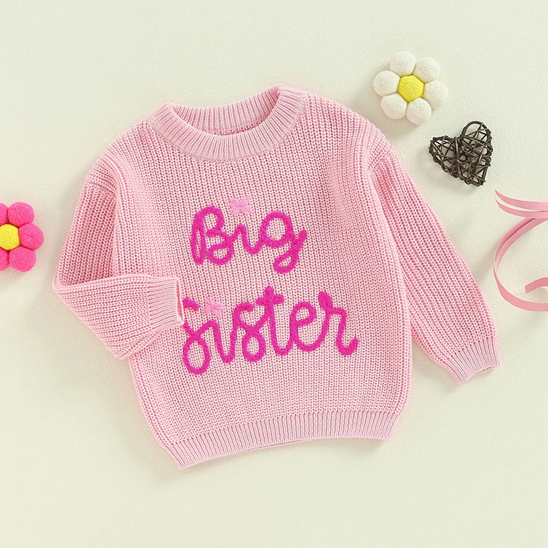 FOCUSNORM 0-5Y Autumn Winter Kids Girls Sweater Outwear Long Sleeve Crew Neck Letters Embroidery Warm Knitwear