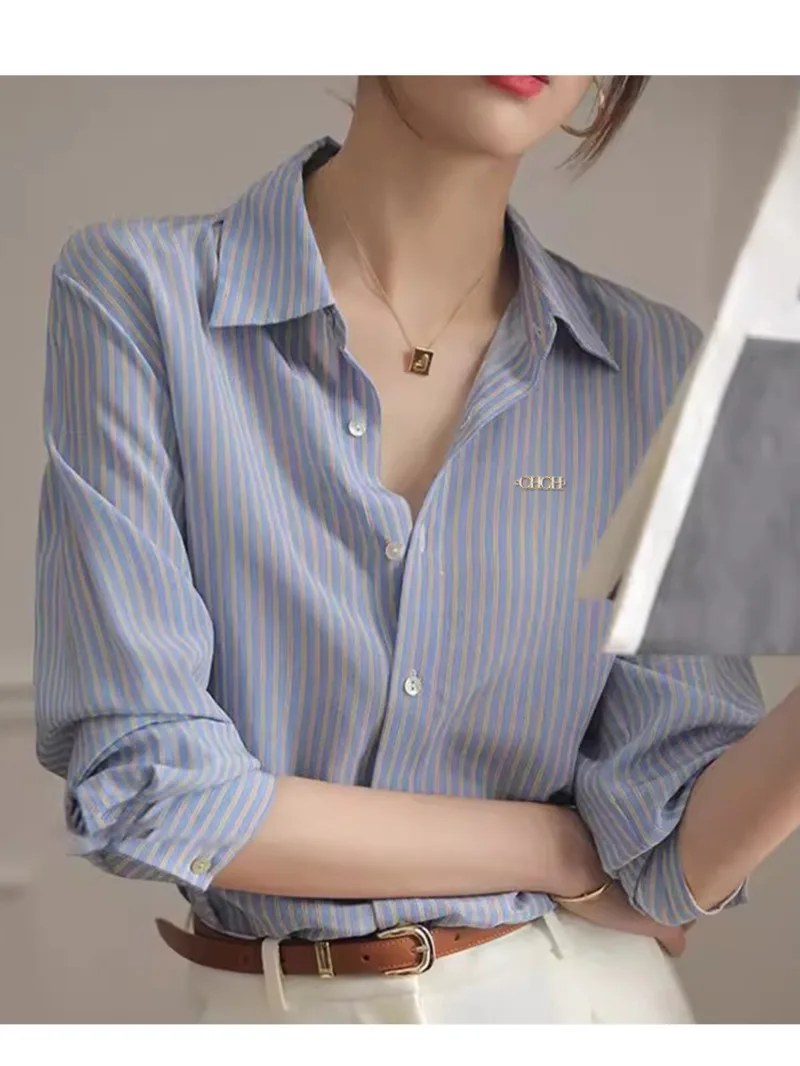 

Женская рубашка, новая классическая высококачественная женская рубашка с длинными рукавами, винтажная элегантная полосатая универсальная офисная женская мода, топы MA7W