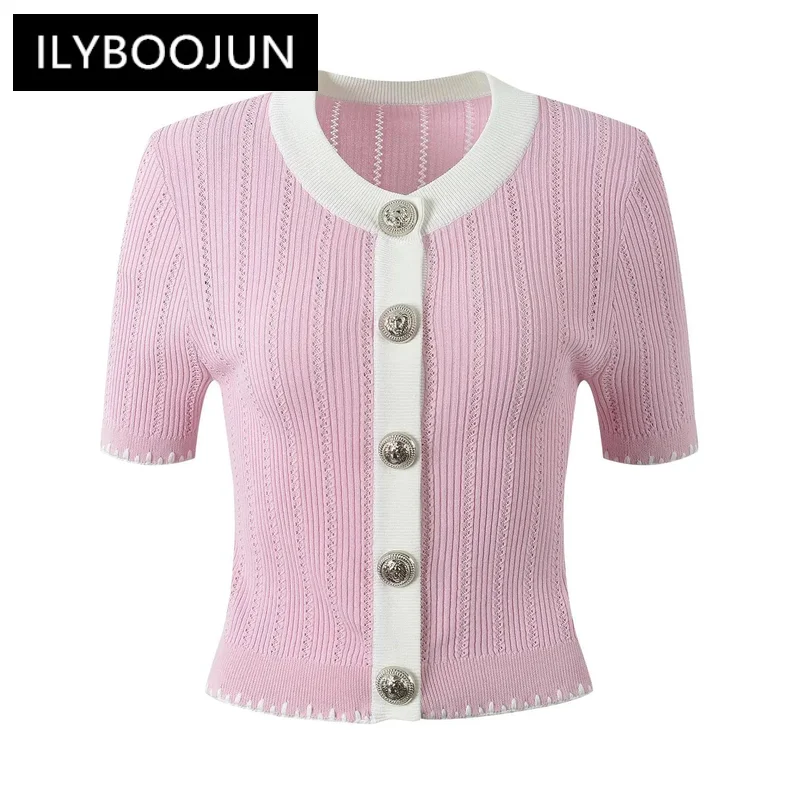 

Lady Summer 2024 Newest Casual Designed O-neckline Short6 Sleeve Women Single-breasted Colorblock Skinny Knits Cardigan