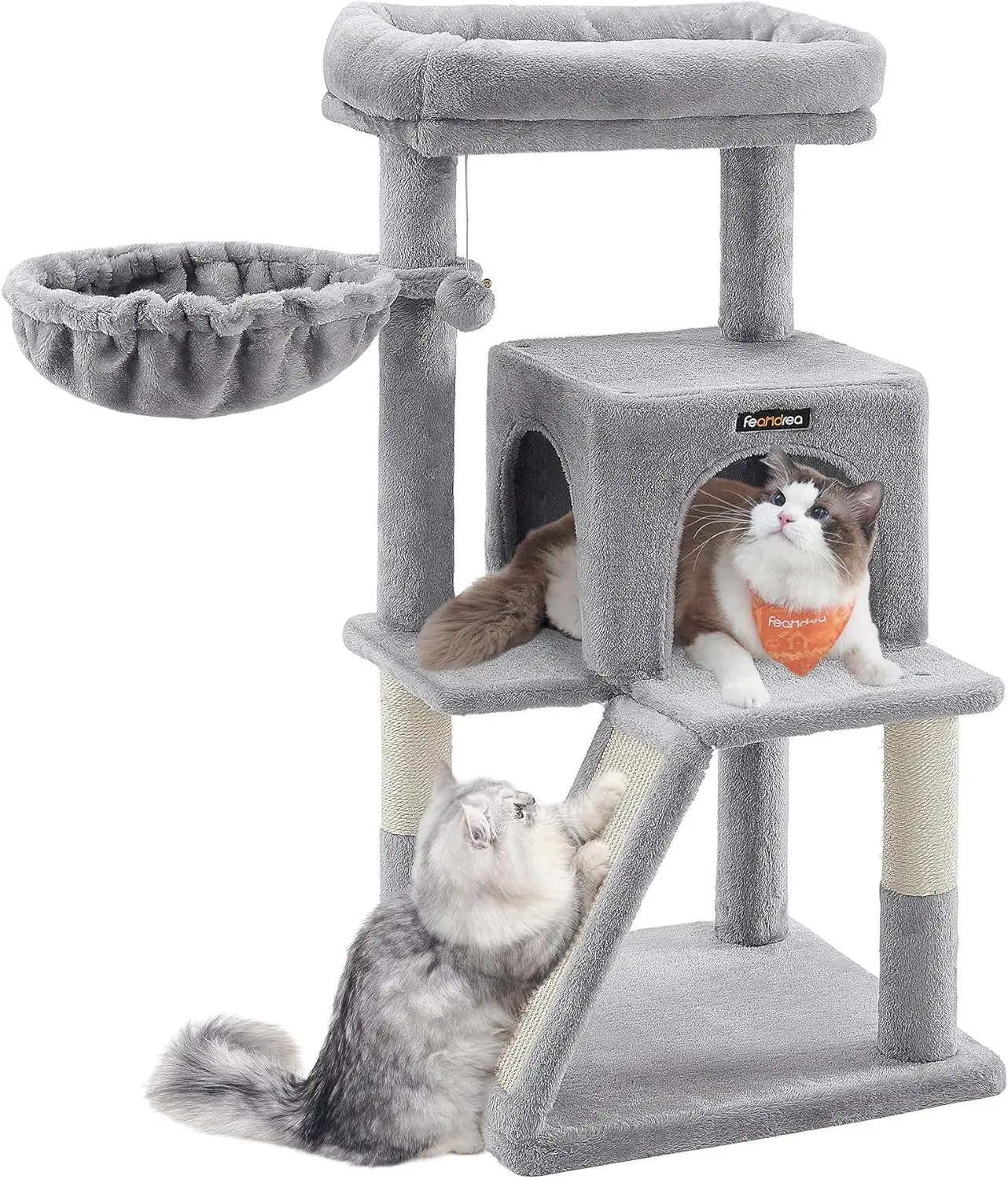 

Многоуровневая лежанка-башня для кошек длиной 37,8 дюйма с когтеточками, гамаком и домиком для крупных кошек, светло-серая