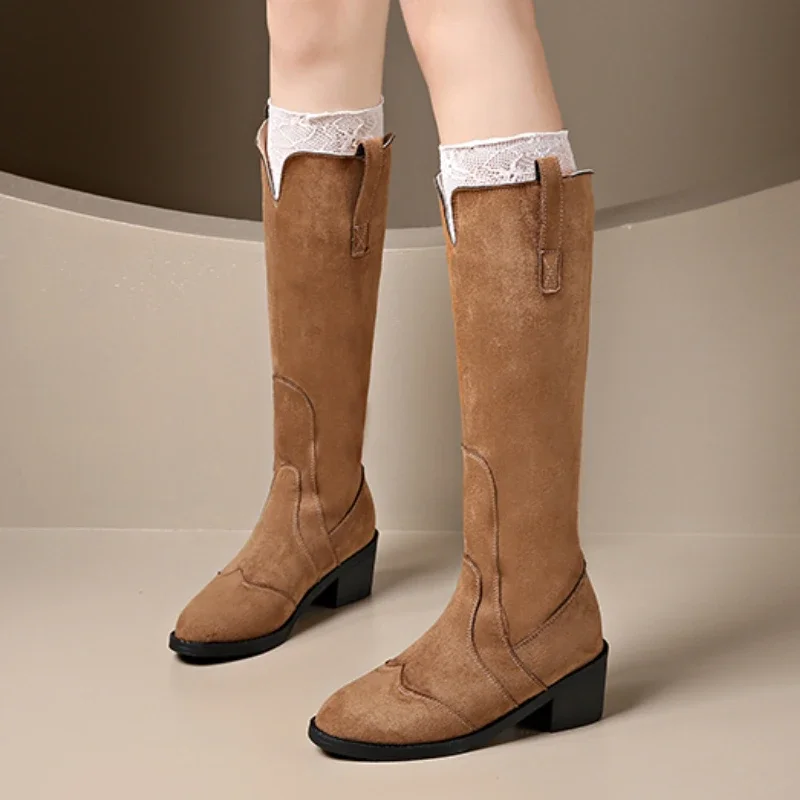 Women's Shoes on Sale 2024 Fashion Sleeve Women's Boots Autumn Pointed Toe Suede Solid High Tube Low Heel Large Size Boots