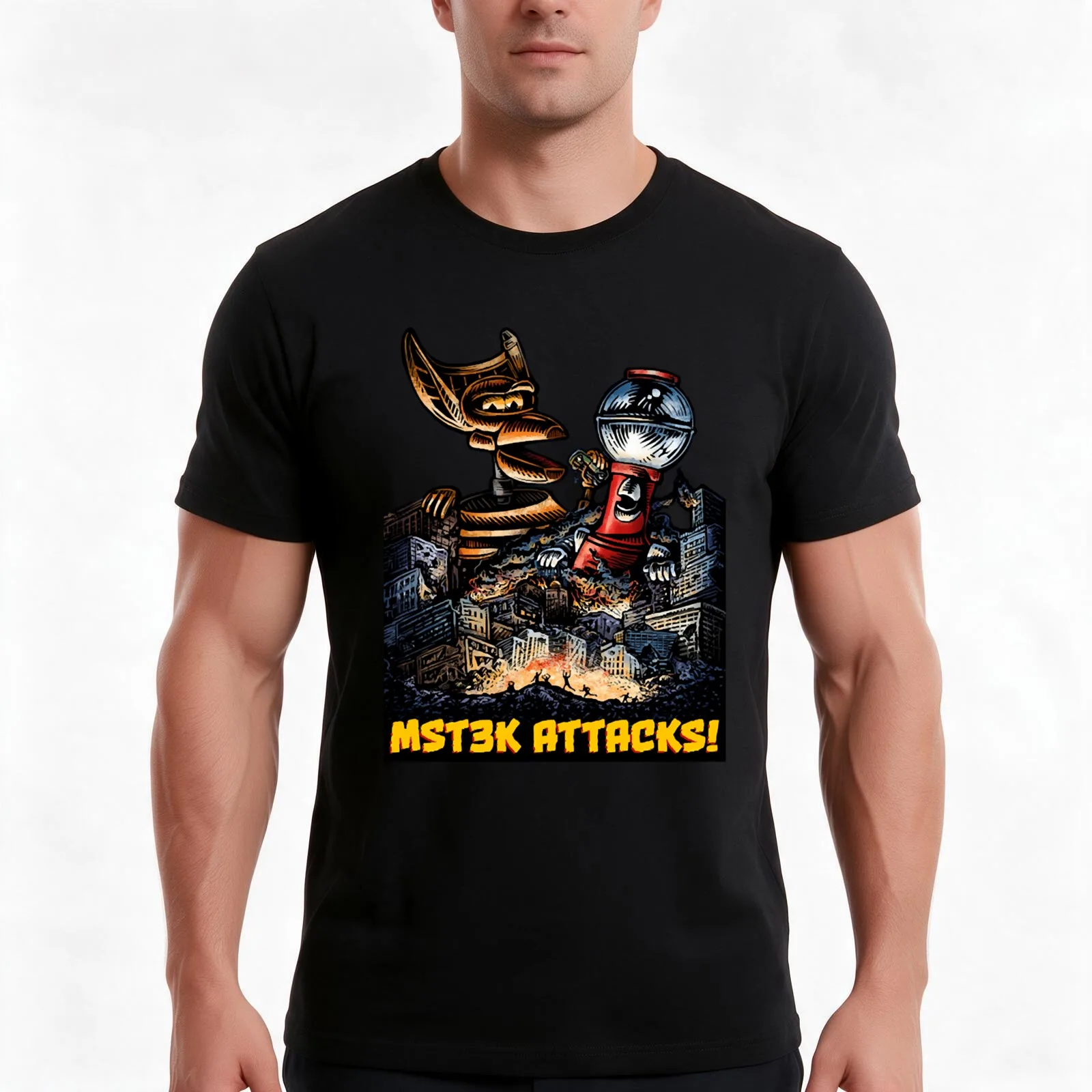 MST3K Attacks T-Shirt, Summer Casual Cotton Tee, Oversized Streetwear Tops, Vintage Graphic Print, Loose Fit Short Sleeve