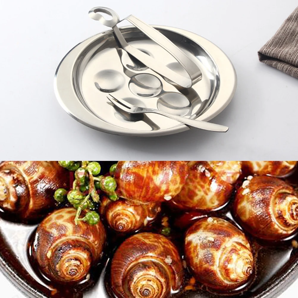 3PCS Stainless Steel 6 Compartment Snail Plate Set with Escargot Fork and Tongs for French Cuisine Dining