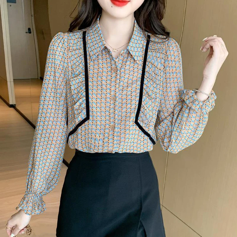 Women\'s Korean Fashion Print Ruffles Button Up Shirt Office Lady Elegant Chic Lapel Blouse Loose Long Sleeve Tops Casual Blusas