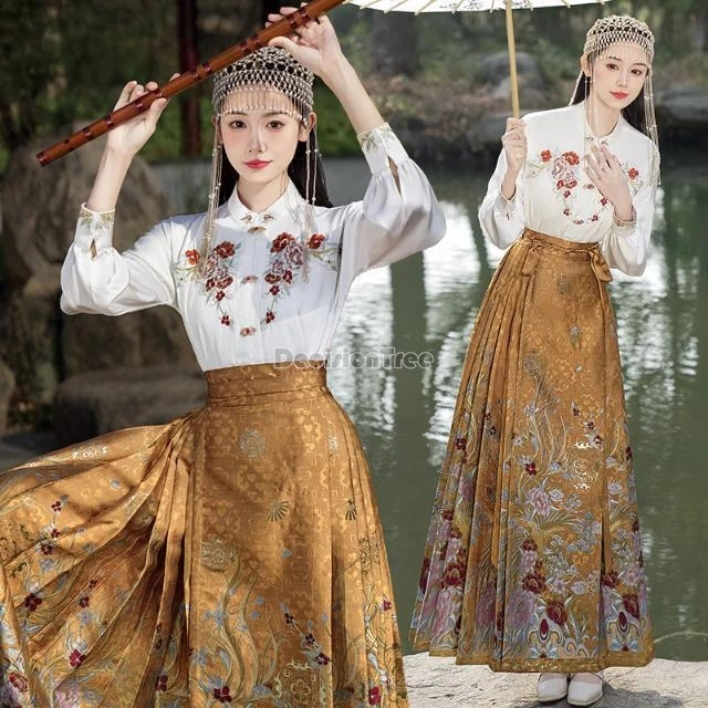 Conjunto hanfu de princesa ming china para uso diario, top hanfu bordado delicado, falda con cara de caballo con estampado de perlas de Hada clásica, 2025