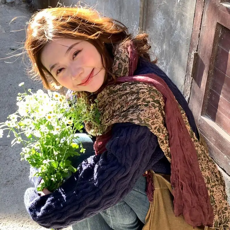 الأزهار الربط الألوان التجاعيد وشاح طويل قطاع وشاح للمرأة رقيقة واقية من الشمس الحجاب طباعة مطوي شال وشاح في الهواء الطلق #1