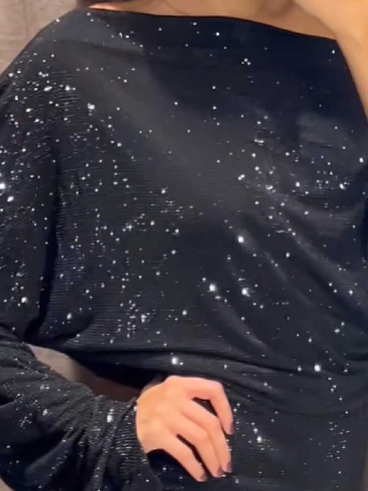 فستان قصير برقبة مائلة لامعة ترتر وأكمام طويلة بقصة ضيقة فساتين سهرة للحفلات والعطلات من فيستدوس 2025 فساتين سهرة جديدة للسيدات #5