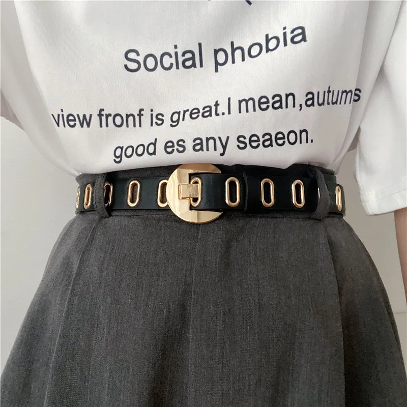 Ceinture en cuir PU avec bouton d\'oeil, nouvelle collection printemps-été, boucle ardillon en or doux à la mode pour robe et Jeans pour femmes