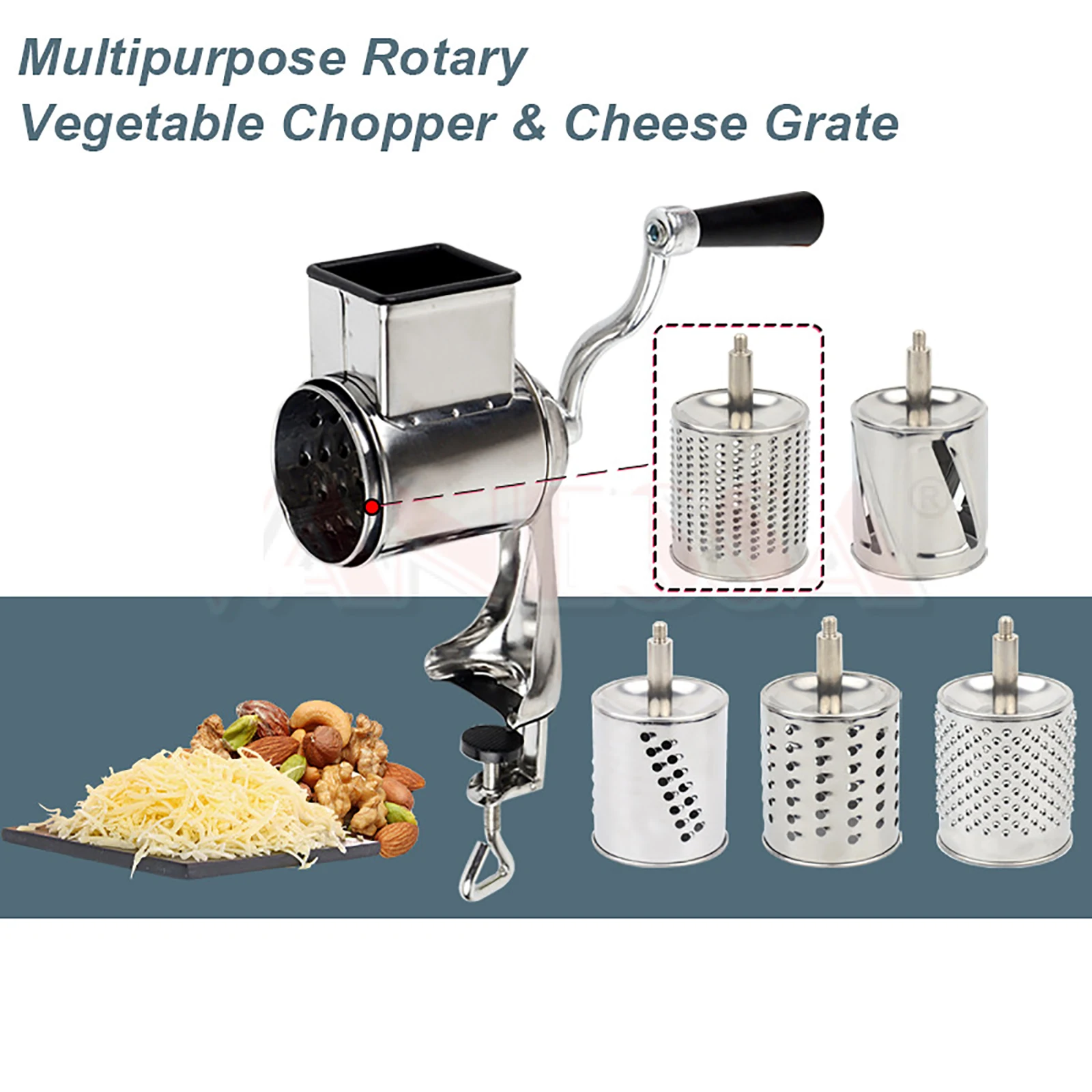 Rotary Grater Food Mills Nut Grinder With 5 Drum Blade Grinding Tool Set