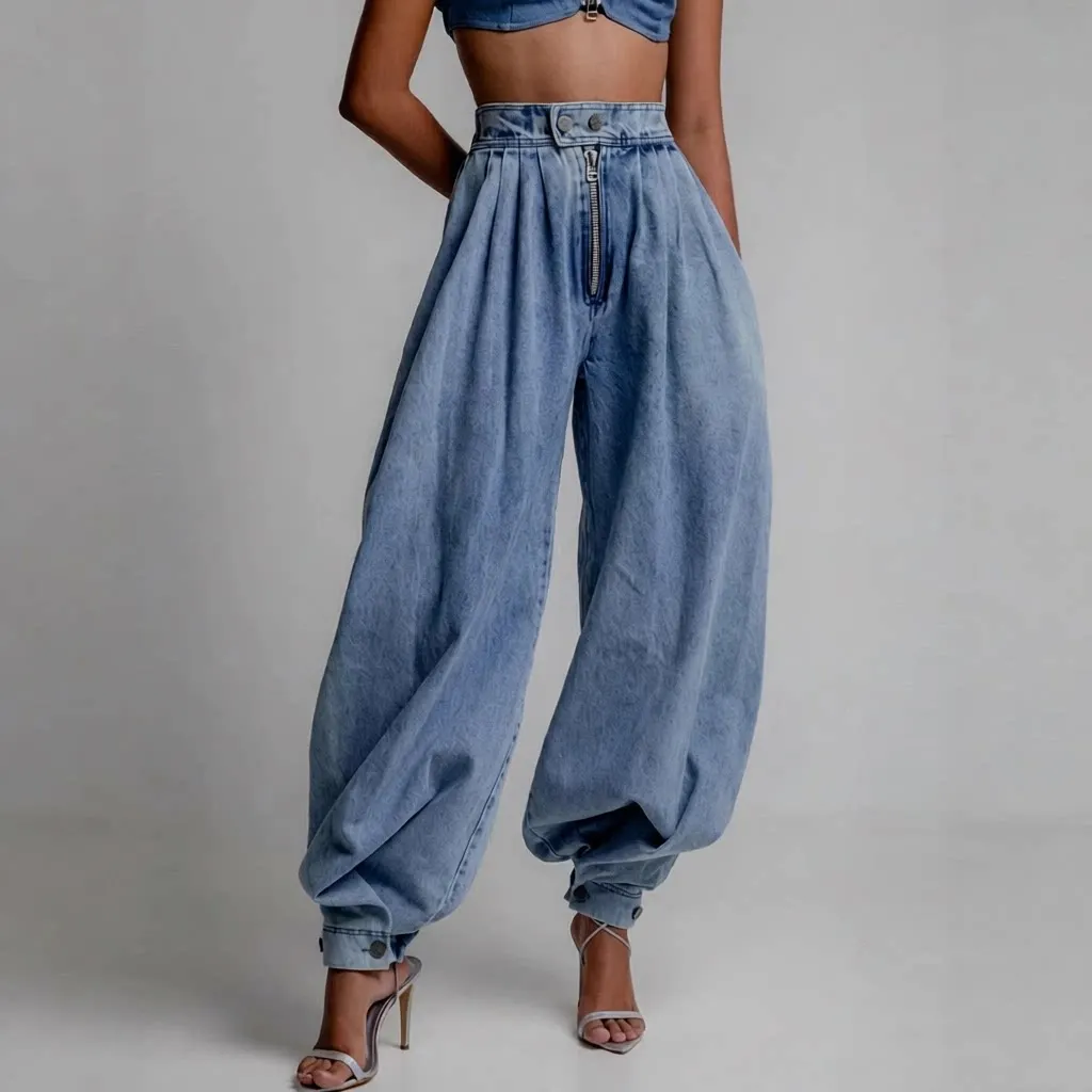 

High Waist Loose Fit Zipper Cuffed Denim Jeans Women's Summer Casual Retro Pants Cotton Material Washed Style Versatile Blue